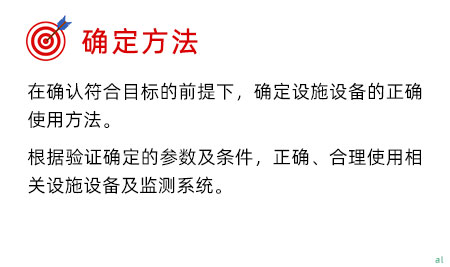確定驗(yàn)證方法：在確認(rèn)符合目標(biāo)的前提下，確定設(shè)施設(shè)備的正確使用方法。 根據(jù)驗(yàn)證確定的參數(shù)及條件，正確、合理使用相關(guān)設(shè)施設(shè)備及監(jiān)測(cè)系統(tǒng)。