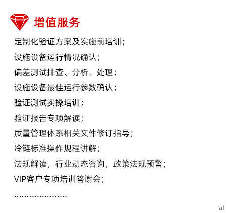 定制化溫濕度驗(yàn)證增值服務(wù)：定制化驗(yàn)證方案及實(shí)施前培訓(xùn)； 設(shè)施設(shè)備運(yùn)行情況確認(rèn)； 偏差測(cè)試排查、分析、處理； 設(shè)施設(shè)備最佳運(yùn)行參數(shù)確認(rèn)； 驗(yàn)證測(cè)試實(shí)操培訓(xùn)； 驗(yàn)證報(bào)告專項(xiàng)解讀； 質(zhì)量管理體系相關(guān)文件修訂指導(dǎo)； 冷鏈標(biāo)準(zhǔn)操作規(guī)程講解； 法規(guī)解讀，行業(yè)動(dòng)態(tài)咨詢，政策法規(guī)預(yù)警； VIP客戶專項(xiàng)培訓(xùn)答謝會(huì)；