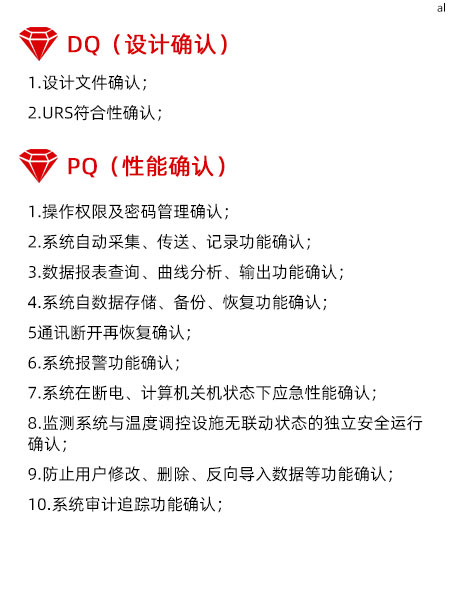 溫濕度監(jiān)測系統(tǒng)GMP驗證PQ項目內容有操作權限及密碼管理確認 、系統(tǒng)自動采集、傳送、記錄功能確認、數(shù)據(jù)報表查詢、曲線分析、輸出功能確認、系統(tǒng)自數(shù)據(jù)存儲、備份、恢復功能確認、通訊斷開再恢復確認、系統(tǒng)報警功能確認、系統(tǒng)在斷電、計算機關機狀態(tài)下應急性能確認、監(jiān)測系統(tǒng)與溫度調控設施無聯(lián)動狀態(tài)的獨立安全運行確認、防止用戶修改、刪除、反向導入數(shù)據(jù)等功能確認、系統(tǒng)審計追蹤功能確認、系統(tǒng)性能效率確認、系統(tǒng)參數(shù)設置確認。